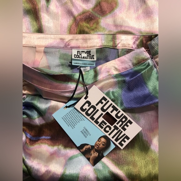 FUTURE COLLECTIVE Women's Marblized Light Green/Pink Silk Midi Skirt Size4  NWT - Picture 5 of 7
